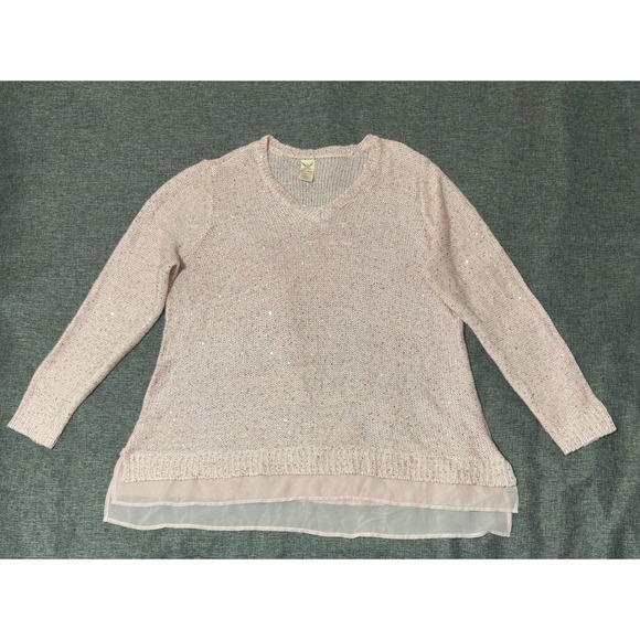 Faded Glory Sweaters - Faded Glory Womens 3X Sweater Pink Sequin Knit Layered Hem V-Neck